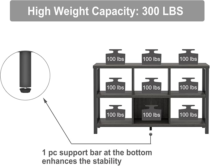 FOLUBAN 6 Cube Storage Organizer with Shelf, Wood and Metal Cubby Bookcase, Industrial Low Horizontal Bookshelf (Dark Grey, 47 Inch)