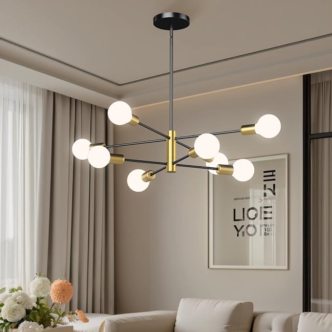 Modern Sputnik Chandelier, Ceiling Light Fixture Flush Mount 8-Light Black and Gold Chandeliers for Living Room Bedroom Dining Room Kitchen, Mid Century Chandeliers, E26 Base,(Bulbs Not Included)
