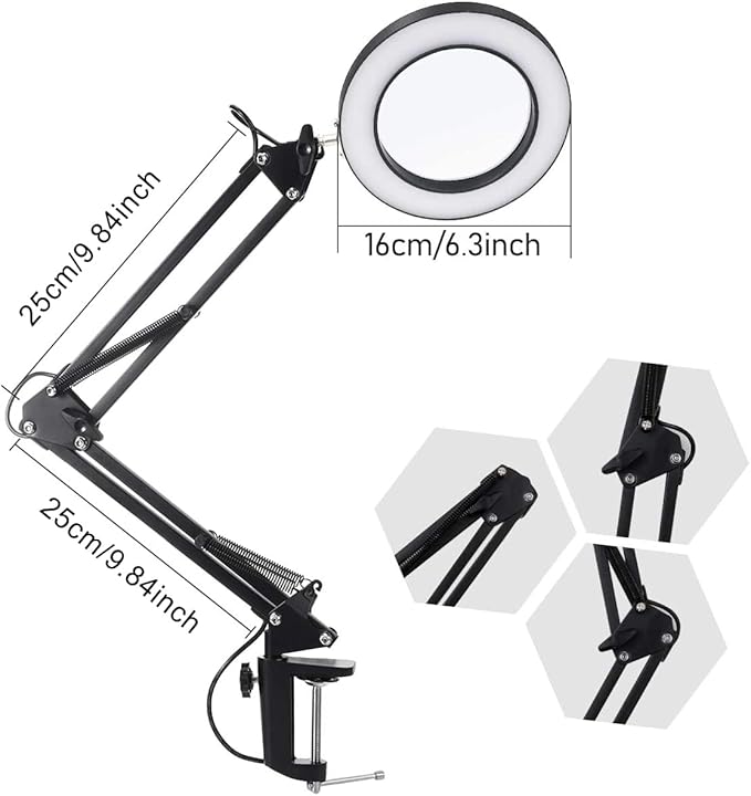 Magnifying Glass with Light and Stand, Stepless Dimming, 3 Color Modes, 10X Magnification, 4.1 Diameter Glass Lens, with Replaceable Weighted Flat Base, C-Clamp Base and Power Adapter