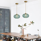 KCO Lighting Green Glass Chandelier Vintage Gold Pendant Light Large Green Ribbed Ceiling Light Antique Brass Hanging Light Mid Century Modern Pendant Lights Kitchen Island