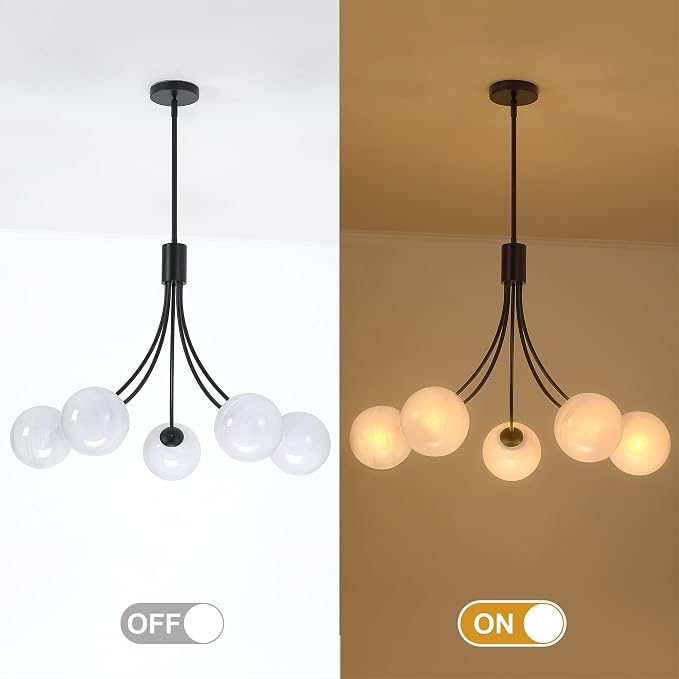 Bubble Chandelier, Modern Sputnik Dining Room 5-Light Chandelier with Black Finish and Glass Globes for Kitchen Bedroom Foyer and Living Room
