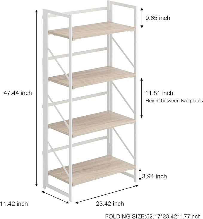 JSB No Assembly Folding Bookshelf, 4 Tier Industrial Metal Book Shelf for Storage, Vintage Wood foldable Bookcase for Living Room, Bedroom, Office Organization Shelves