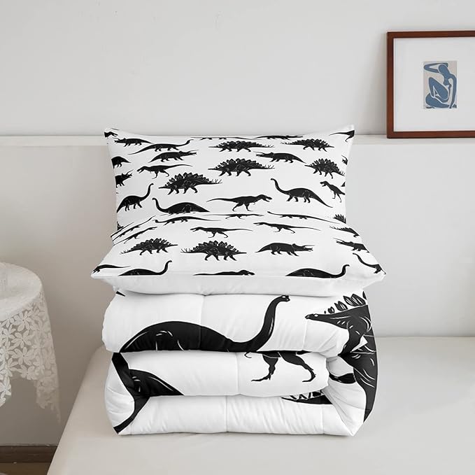 Erosebridal Dinosaur Bedding Set Dino Silhouettes Comforter Set Full Size, Wildlife Animals Black White Quilted Duvet for Kids Boys Teens Adult Bedroom Decor Dinosaurs Comforter with 2 Pillow Cases