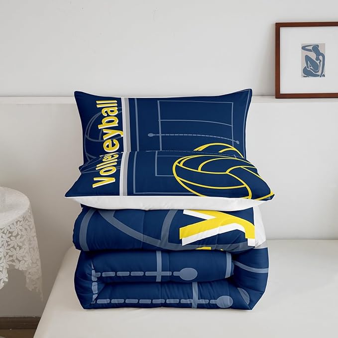 Feelyou Volleyball Bedding Set Full Size Sports Game Comforter Set for Kids Boys Girls Decor Volleyball Player Comforter Microfiber Blue Yellow Duvet Set Bedroom Quilt Set