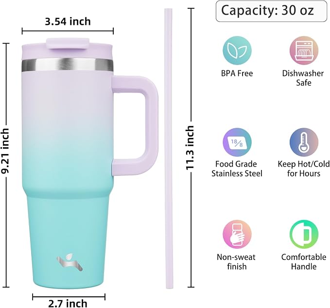 Konokyo 30 oz Insulated Tumbler Water Bottle with Handle, Straw Lid | BPA-free and dishwasher safe; made for gym, travel, coffee and gifting, 2 straws, cup holder friendly,Lavender Green