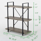 HSH 3-Shelf Bookcase, Rustic Gray 3 tier Bookshelf, Vintage Industrial Wooden and Metal Display and Storage Bookshelves Tower for Home Office Livingroom Bedroom Light Grey Oak
