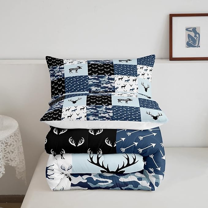 Cute Deer Comforter Set Full, Military Camo Bedding Set for Kids Boys Teens Bedroom Tribal Animal Antlers Silhouette Quilted Comforter Checkered Plaid Arrows Bedding Comforters, Army Blue and White