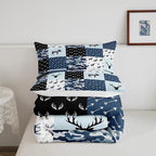 Cute Deer Comforter Set Twin, Military Camo Bedding Set for Kids Boys Teens Bedroom Tribal Animal Antlers Silhouette Quilted Comforter Checkered Plaid Arrows Bedding Comforters, Army Blue and White