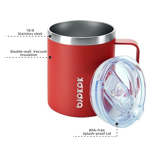 BJPKPK 2pcs Stainless Steel Insulated Coffee Mug, 14oz with Lid, Non Sweat Design-Red | Travel Coffee Mug with Handle, Vacuum Insulated Tumbler Cup for Camping, Office, Home, BPA Free Lid, Hot & Cold
