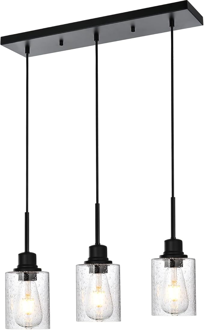 Modern 3-Light Pendant Island Light Fixture Black Ceiling Hanging Lights with Clear Seeded Glass and Adjustable Cord,Industrial Pendant Lighting for Kitchen Living Room Dining Room Foyer