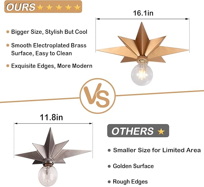 16 inch Flush Mount Ceiling Light, Gold Star Light Fixture, Farmhouse Star Ceiling Light, Vintage Flush Lighting Ceiling for Hallway, Entryway, Study, Bedroom, Stair, Foyer, Kitchen, Bathroom - Metal