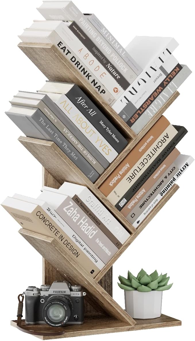 Tree Bookshelf, 5 -Tier Book Storage Organizer Shelves Floor Standing Bookcase, Wood Storage Rack for Office Home School Shelf Display for Cd/Magazine (French Oak Grey)