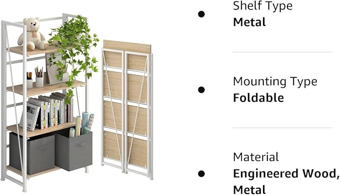 4NM No-Assembly Folding Bookshelf Storage Shelves 4 Tiers Vintage Bookcase Standing Racks Study Organizer Home Office (Natural and White)