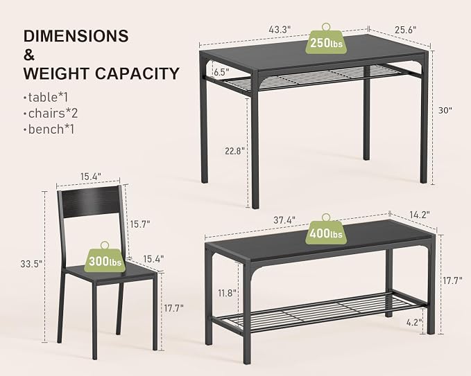 Gizoon 4-Piece Dining Table Set for 4, Kitchen Table with Bench Black | Space-saving black 4-piece dinette set with metal storage rack. Includes 2 ergonomic chairs and 1 bench. Easy to clean.
