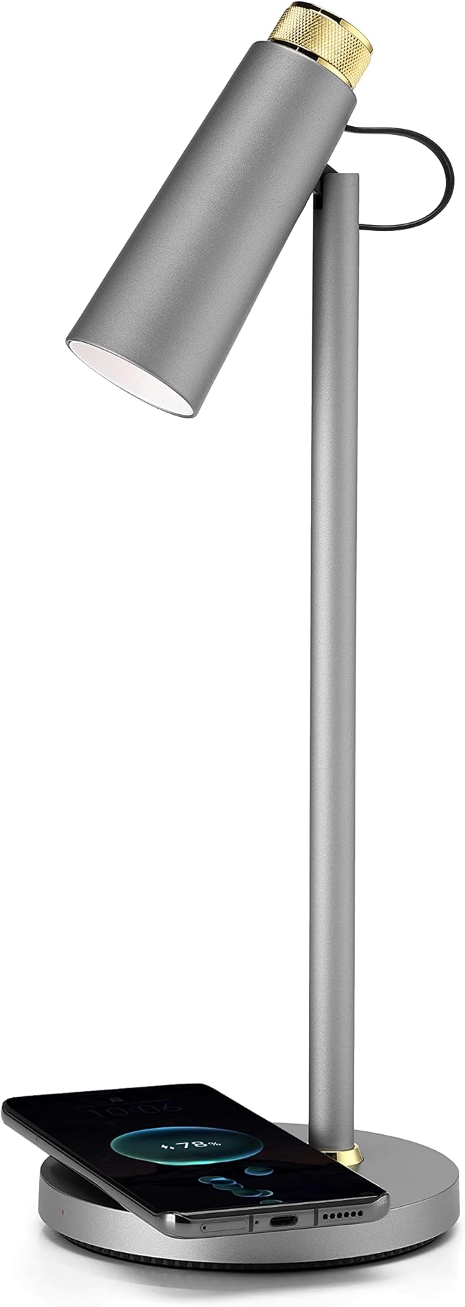 Dimmable 4W LED Desk Light Charging Station - Smart Phone Qi Wireless Charger Lamp w/Adjustable Shade - Modern Bedside/Study/Office Table Lighting - Silver/Gold