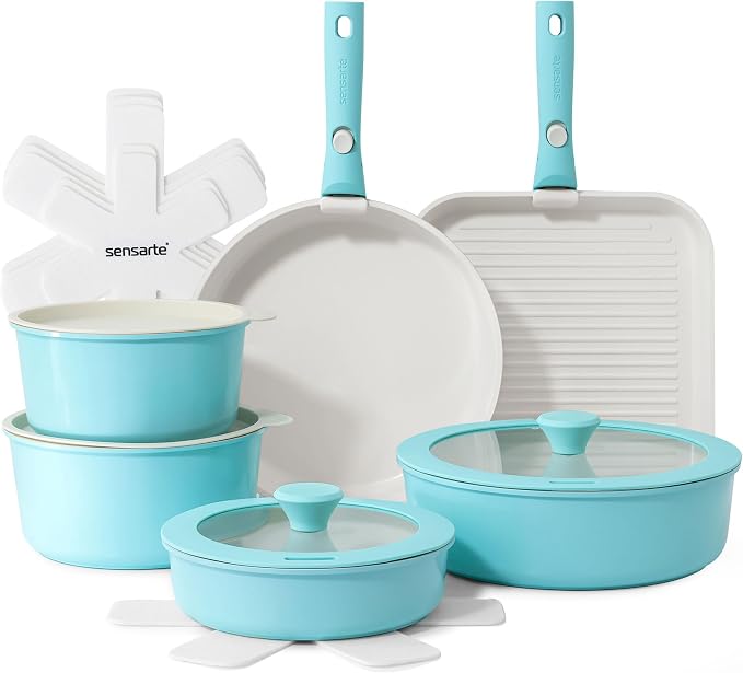 SENSARTE 17 Piece Ceramic Detachable Handle Pots and Pans Set Turquoise | Ceramic Cookware Set, Induction Cookware Set with Removable Handle, Healthy Non Stick for RV, Dishwasher ＆ Oven Safe