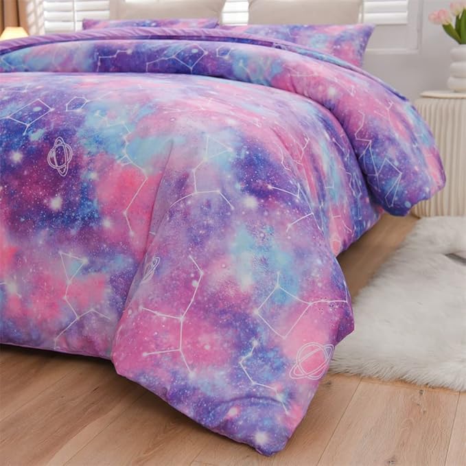 Holawakaka Tie Dye Constellation Print Ombre Comforter Set Full Size Girls Boys Gradient Galaxy Bedding Set (Purple,Full)