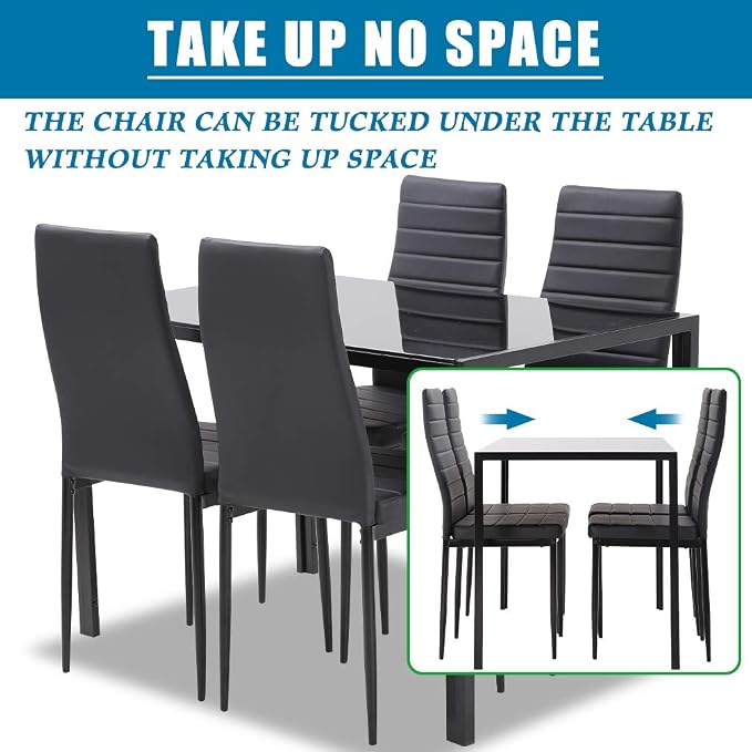 FDW | 5-Piece Dining Table Set | Black | Glass Kitchen Table | With 4 Upholstered Chairs and Faux Leather Cushions | Space-Saving and Modern Design | Easy to Assemble | for Dining Room