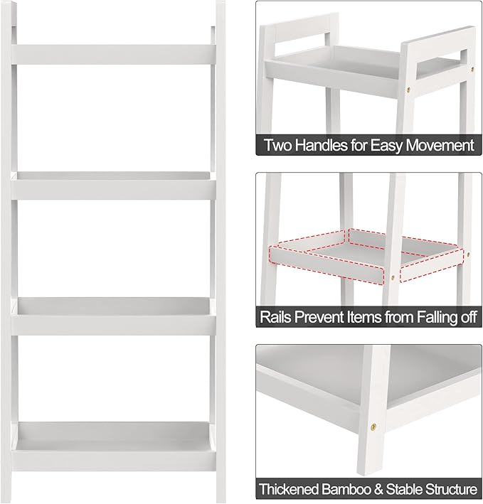 4 Tier Bamboo Bookshelf, Free Standing Ladder Shelf, Storage Shelf Rack for Bathroom, Kitchen, Living Room - White