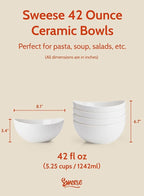 Sweese 42oz Porcelain Serving Bowls - Set of 4, 8-Inch White Bowls for Salad, Soup, Pasta & More - Microwave, Dishwasher & Oven Safe