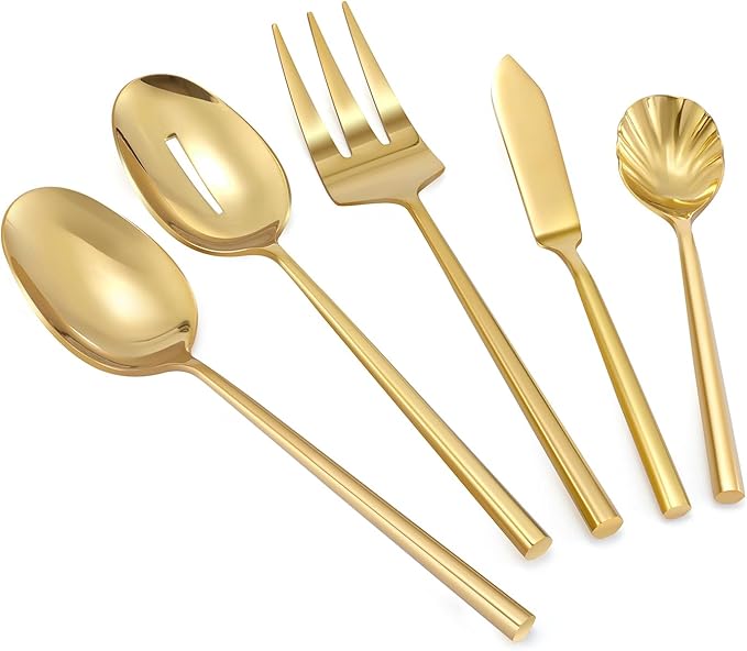 Silverware 45-Piece Gold Flatware Set with Serving Utensils Stainless Steel Thick Heavy Mirror Polished Cutlery Set for Wedding Hotel Restaurant, Service for 8