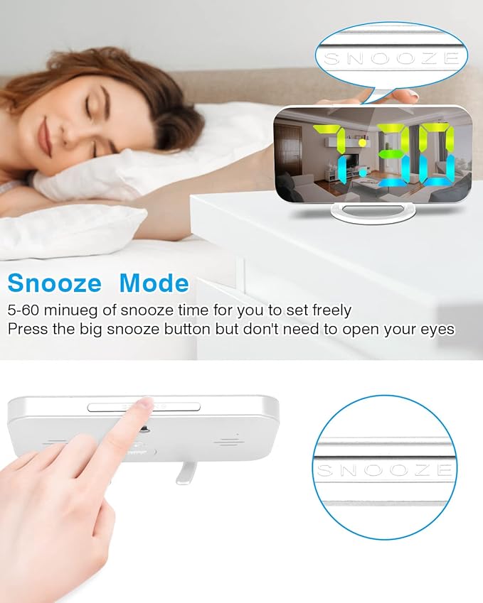 SZELAM Digital Alarm Clock,LED RGB Colorful Clocks,with Mirror Surface Large Display,2 USB Charger Ports,Auto Dimming,Modern Desk Clock for Bedroom Home Office Decor- White