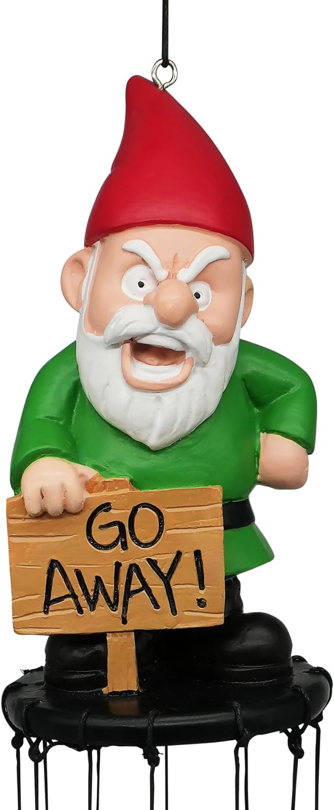 Funny Gnome Wind Chime for Garden or Porch – Peeved Garden Gnome Holding 'Go Away' Sign – Outdoor Yard Décor with Stainless Steel Tubes & Resin Mushroom Strikers – Hilarious Gift Idea