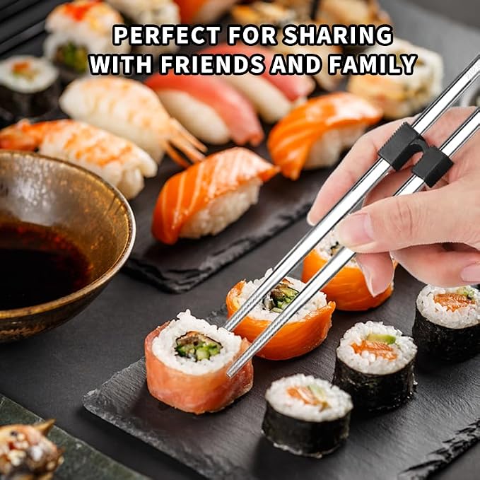 5 Pairs Training Chopstick Helpers，Reusable Stainless Steel Metal Chop Sticks，Adult Chopstick Training, Children, Beginners,Practice Chinese Japanese Korean Food