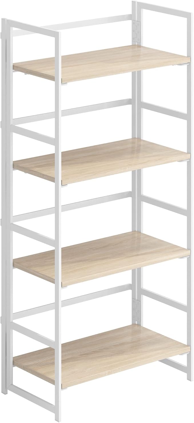 No-Assembly Folding Bookshelf Storage Shelves 4 Tiers Vintage Multifunctional Plant Flower Stand Storage Rack Shelves Bookcase for Home Office (White)