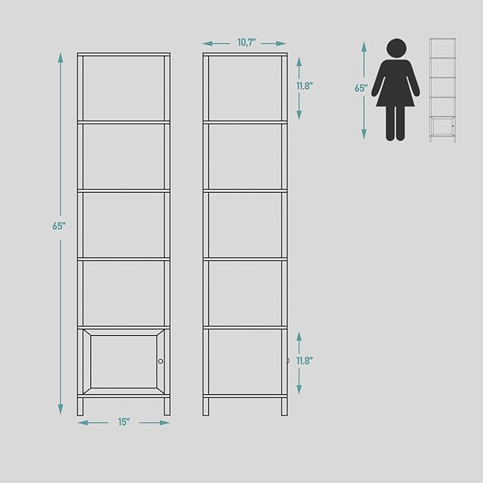 TUTOTAK 6 Tier Bookcase and Bookshelf, Narrow Book shelf with Door for Small Space, for Living Room, Office, Study, Entryway, Black BS03BK006