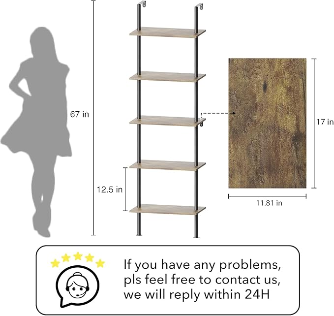 5 Tier Ladder Shelf Bookcase, Extra Sturdy Modern Bookshelf Wall Mounted, Tall Black Open Book Shelf, Standing Industrial Metal Frame with Wooden Shelves, 67“ (H) × 17(W)