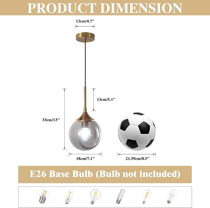 KCO Lighting 2 Pack Brass Gold Small 7.1” Smoky Glass Globe Pendant Lights | E26 Adjustable Cord for Sloped Ceilings, Mid Century Modern Gold Hanging Light Fixture for Kitchen Island Sink Dining Table