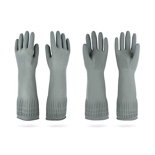 DABOGOSA Mamison 2 Pairs Reusable Waterproof Household Dishwashing Cleaning Rubber Gloves, Non-Slip Kitchen Glove (Grey, Large (Pack of 2))