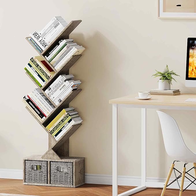 Vagusicc 6 Tier Tree Bookshelf - Retro Shelf Floor Standing Bookcase with Baskets, Tall Wood Book Storage Rack for Books/CDs, Tree Utility Book Organizer Shelves for Living Room, Home Office, Bedroom