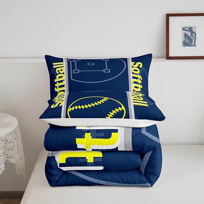 Feelyou Kids Softball Comforter Set Queen Size Sports Game Bedding Set for Boys Girls Teens Bedroom Decor Baseball Comforter Softball Gaming Theme Duvet Set with 2 Pillow Case