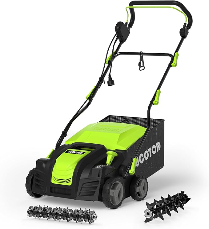 2-in-1 16-Inch Dethatcher & Scarifier Electric Corded, 15 Amp Copper Motor, Electric Lawn Dethatcher with 5-Position Depth Adjustment, 14.5 gal Thatch Bag,Walk Behind for Yard Lawn Garden Care