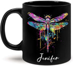 Colorful Dragonfly Ceramic Cup - Personalized Name Coffee Mug for Birthday, Gift for Son Daughter, Customized Black Animal Mug, Dragonfly Lover Cup 11oz 15oz