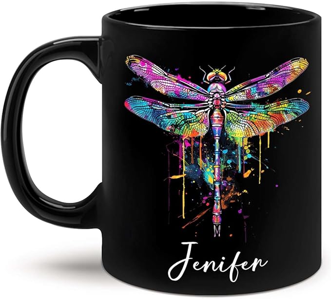 Colorful Dragonfly Ceramic Cup - Personalized Name Coffee Mug for Birthday, Gift for Son Daughter, Customized Black Animal Mug, Dragonfly Lover Cup 11oz 15oz