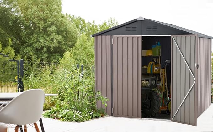 U-MAX 7' x 7' Shed Outdoor Storage Shed Clearance, Extra Large Yard Steel Shed with Design of Lockable Doors, Tool and Utility Storage for Backyard, Garden, Patio, Outside use Taupe