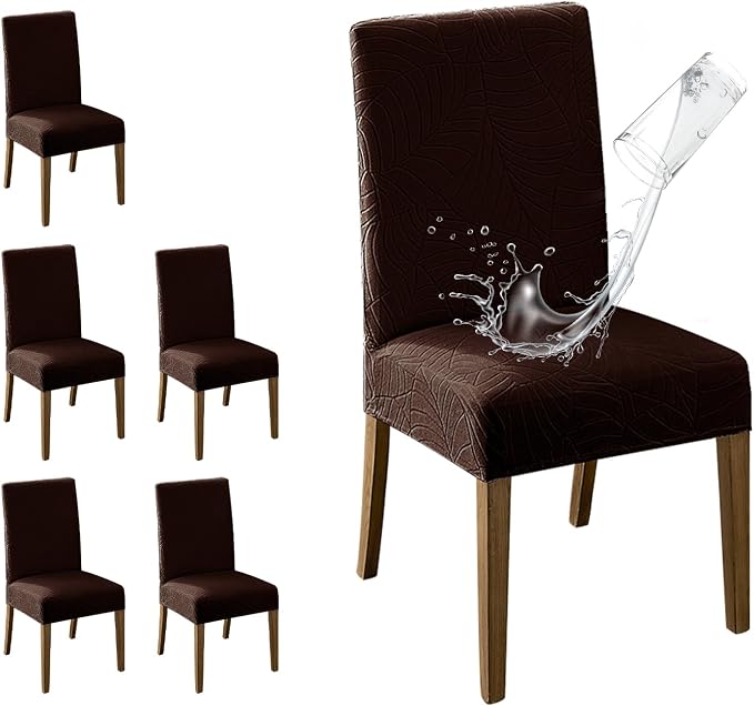 MOSAYT 100% Waterproof Dining Room Chair Covers Set of 6, Super Fit Stretch Jacquard Parson Chairs Slipcovers Removable Washable Chair Seat Protectors for Home, Kitchen, Banquet (Chocolate)
