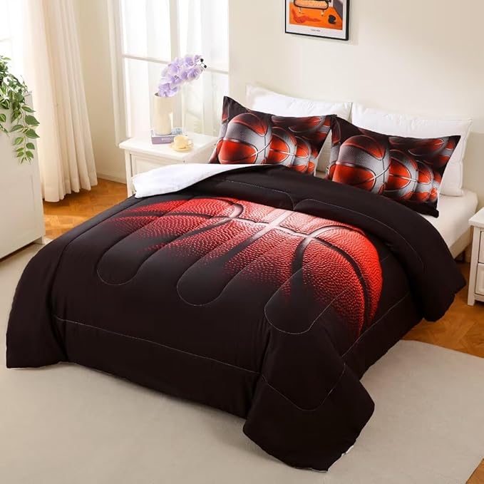 Teens Boys Sports Comforter Set Full,Basketball Bedding Set for Kids,Sports Orange Basketball Comforter Sets,Black Teenage Boy Bedroom Bed Set 3 Pieces with Pillowcases