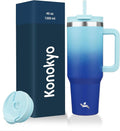 Konokyo 40 oz Insulated Tumbler Water Bottle with Handle, Straw Lid | BPA-free and dishwasher safe; made for gym, travel, coffee and gifting, 2 straws, cup holder friendly,Sky