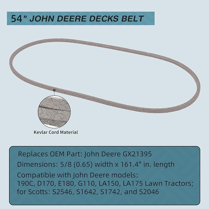161" x 5/8" GX21395 Mower Deck Belt, 54 inch Deck Drive Belt for John Deere 190C, D170, E180, G110, LA150, LA175 Lawn Tractors Deck Belt Made of Kevlar Cord (GX21395)