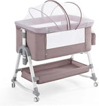 4 in 1 Baby Bassinet, Rocking Bassinets Bedside Sleeper with Comfy Mattress and Wheels, Height Adjustable Easy Folding Portable Bedside Crib for Newborn Infant,Khaki