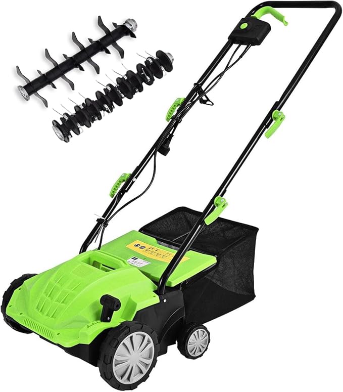 Goplus 2-in-1 Lawn Dethatcher and Scarifier, 3 Level Depth Adjustable Weeder w/ 11 Gallon Collection Bag & 2 Removable Blades, 13-Inch 12 Amp Corded Electric Scarifier for Garden & Yard