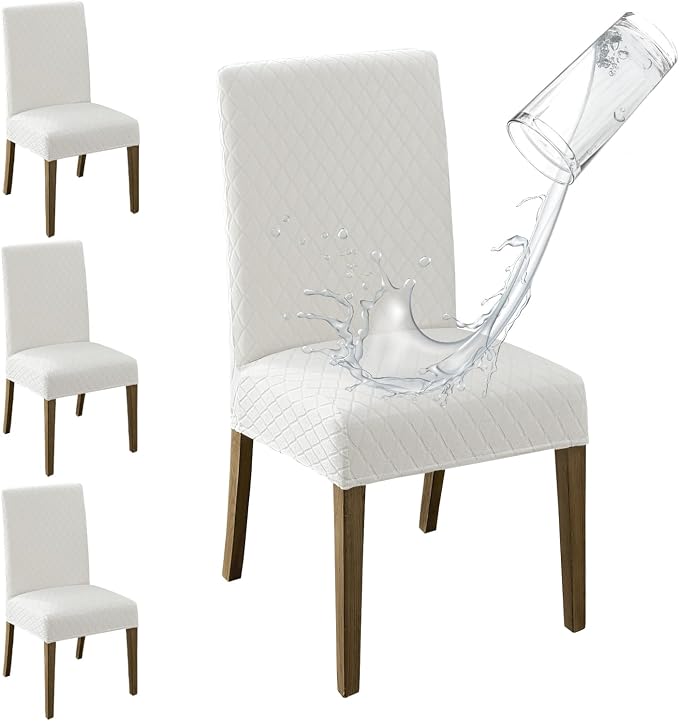 MOSAYT 100% Waterproof Dining Room Chair Covers Set of 4, Super Fit Stretch Jacquard Parson Chairs Slipcovers Removable Washable Chair Seat Protectors for Home, Kitchen, Banquet (White - XL)