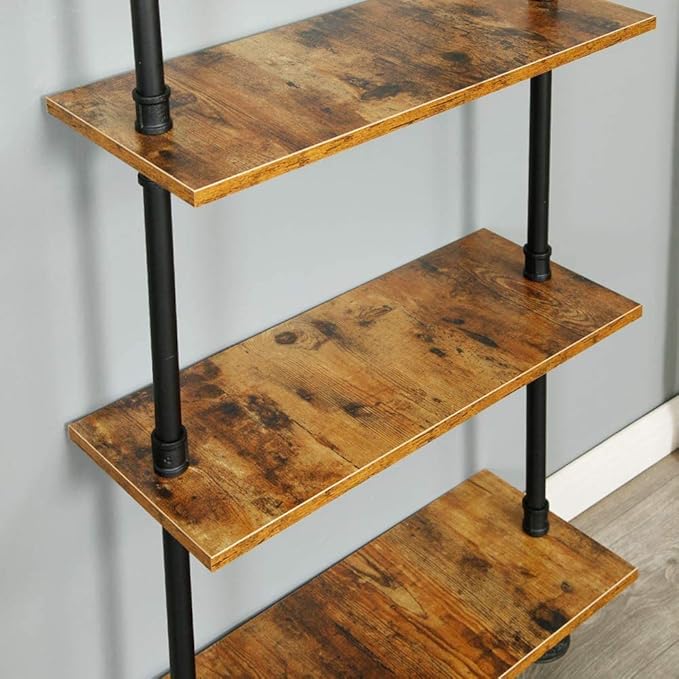 6-Tier Industrial Pipe Shelves Shelf Shelving Rustic Wood Metal Wrought Iron Ladder Bookcase Bookshelf Wall Mounted Mount DIY Loft Vintage Floating Hanging Storage Display (23.6x9.8x78.7”)