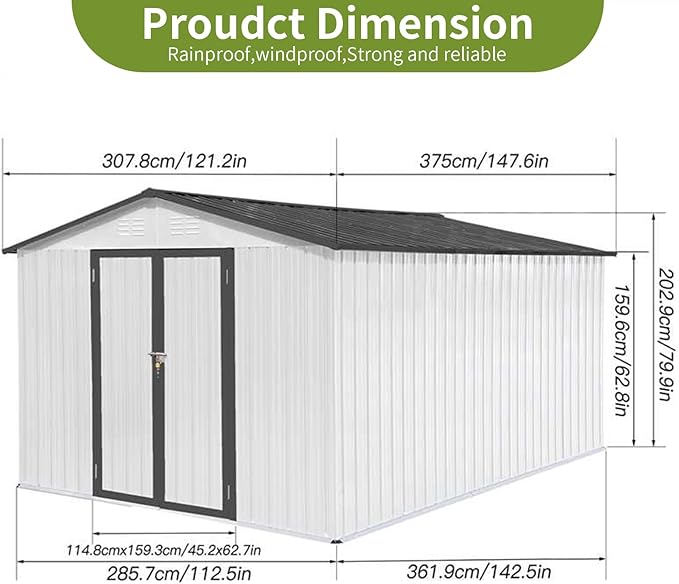 12x10FT Heavy-Duty Metal Storage Shed, Extra-Large Outdoor Shed with Apex Roof, Steel Vents & Hinged Door, Includes Free Padlock for Secure Tool & Equipment Storage (Easy Assembly)