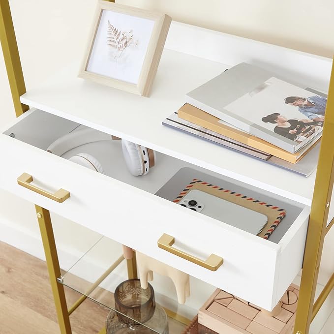HOOBRO 5 Tier Bookcase, White and Gold Bookshelf with Drawer, Storage Shelves with Charging Station, Tempered Glass Bookshelf with Metal Frame, Open Display Shelves for Living Room, Gold DW65USJ01