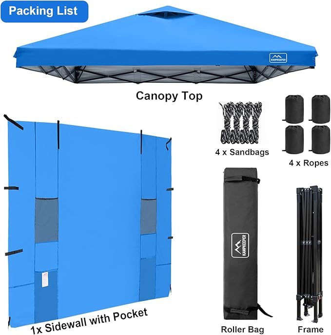 KAMPKEEPER 10x10 Easy Pop Up Canopy Tent with Sidewalls, Instant Outdoor Shade Shelter with Removable 10FT Sun Walls, Quick Setup Waterproof and UV-Resistant for Patio (Light Blue, 1 sidewall)
